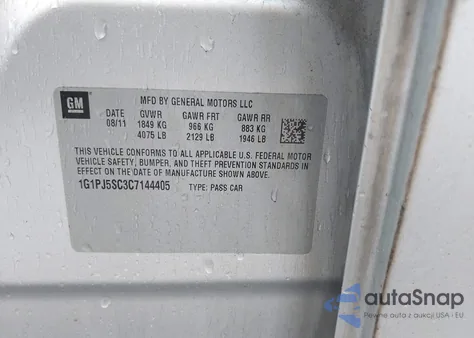 2012 Chevrolet Cruze Eco z USA, uszkodzony, nr VIN 1G1PJ5SC3C7144405